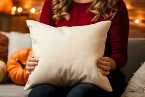 Fall Throw pillow cushion product mockup, Fall White Pillow Mockup, Created With Generative AI Technology photo