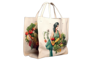 herbruikbaar canvas tote kleding boodschappen doen zak mockup van kleding stof met handvat. sjabloon van wit katoen met kleurrijk afbeelding eco tas. 3d illustratie, ai gegenereerd png