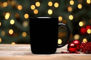 Coffee mug mockup with red Christmas decorations, Christmas Black Mug Mockup, Created With Generative AI Technology photo