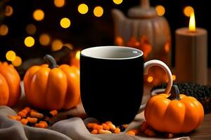 Coffee mug mockup with Halloween decorations, Halloween Black  Mug Mockup, Created With Generative AI Technology photo