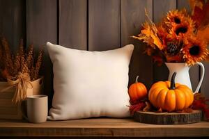 Fall Throw pillow cushion product mockup, Fall White Pillow Mockup, Created With Generative AI Technology photo