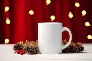 Coffee mug mockup with red Christmas decorations, Christmas White Mug Mockup, Created With Generative AI Technology photo