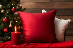 Christmas Throw pillow cushion product mockup, Christmas Red Pillow Mockup, Created With Generative AI Technology photo