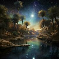Night desert oasis under full moon starry sky. Cartoon landscape river, sand dunes, palm trees and plants, Deserted sahara nature panoramic 3d scene, illustration, AI Generated photo