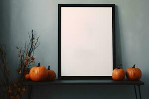 Halloween Blank frame, Halloween Wall Artwork Wood Frame Mockup, Created With Generative AI Technology photo