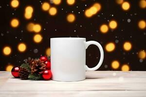 Coffee mug mockup with red Christmas decorations, Christmas White Mug Mockup, Created With Generative AI Technology photo