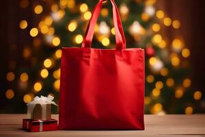Christmas Tote Bag product mockup, Christmas Red Tote Bag Mockup, Created With Generative AI Technology photo