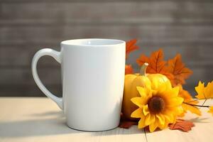 Coffee mug mockup with Fall decorations, Fall White Mug Mockup, Created With Generative AI Technology photo