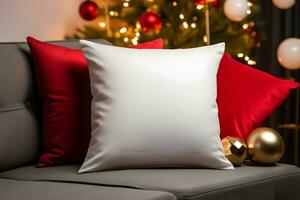 Christmas Throw pillow cushion product mockup, Christmas White Pillow Mockup, Created With Generative AI Technology photo