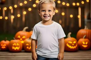 Little Boy wearing blank White T-shirt Halloween White shirt mockup, Created With Generative AI Technology photo