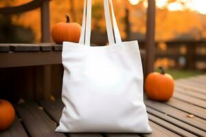 Fall Tote Bag product mockup, Fall White Tote Bag Mockup, Created With Generative AI Technology photo