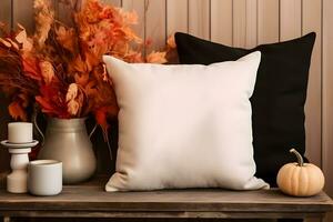 Fall Throw pillow cushion product mockup, Fall White Pillow Mockup, Created With Generative AI Technology photo