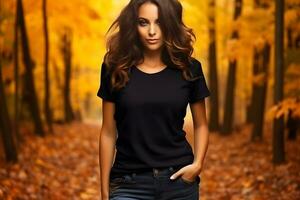 mujer vistiendo blanco negro camiseta otoño negro camisa Bosquejo, creado con generativo ai tecnología foto