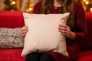 Christmas Throw pillow cushion product mockup, Christmas White Pillow Mockup, Created With Generative AI Technology photo