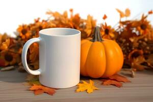 Coffee mug mockup with Fall decorations, Fall White Mug Mockup, Created With Generative AI Technology photo