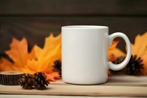 Coffee mug mockup with Fall decorations, Fall White Mug Mockup, Created With Generative AI Technology photo