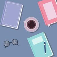 conjunto de vistoso libros en el mesa con un taza de café y leyendo lentes - parte superior ver vector