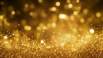 Sophisticated festive background adorned with golden sparkles, radiant particles, bokeh effects. Ideal for holiday- themed advertising, packaging, posters, greeting cards. Copy space. AI generated photo