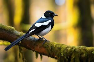 en el tranquilo bosque, un hermosa urraca perchas en un árbol rama, capturar esencia de naturaleza y fauna silvestre. sus sorprendentes negro y blanco plumaje contrastes con amarillo verde antecedentes ai generado foto