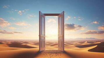 Wooden door standing open in the desert. Yellow desert, dunes, blue sky and clouds. Door to other worlds. Psychological concept, opening doors within yourself. Look inside yourself. AI generated photo