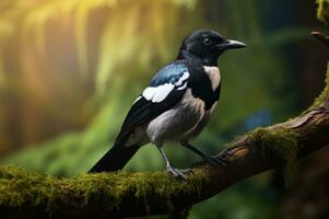 Beautiful magpie sits on tree branch in a tranquil forest. Nature and wildlife. Yellow green blurred background. Black and white plumage of a bird. Ornithology. Postcard, banner, poster, AI generated photo