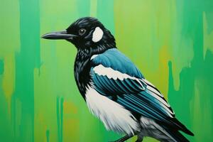 Magpie. Close-up of magpie s intricate black and white plumage against vibrant green background. Detailed shot of stunning bird. Ornithology. Scientific articles, magazines. Postcard, AI generated photo