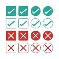 green check marks and red crosses. Circle and square, hard and rounded corners. Set of flat buttons icon. correct and wrong icon. vector