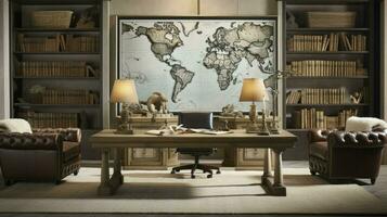 Geologist work desk. On his desk are map case, geological hammer, compass, magnifying glass, drill core, rock samples, topographic and geological maps, AI Generated photo