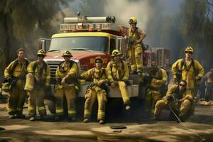 bomberos descansando durante rescate tareas, ai generado foto