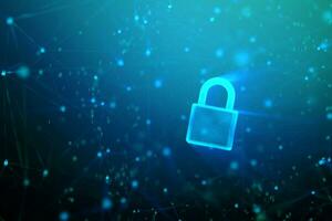 3D Padlock with connection line, with lighting shallow depth of field and glitter effect, against 0 1 binary digital number abstract background photo