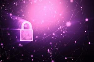 3D Padlock with connection line, with lighting shallow depth of field and glitter effect, against 0 1 binary digital number abstract background photo