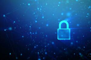3D Padlock with connection line, with lighting shallow depth of field and glitter effect, against 0 1 binary digital number abstract background photo