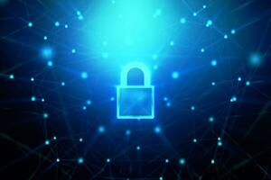 3D Padlock with connection line, with lighting shallow depth of field and glitter effect, against 0 1 binary digital number abstract background photo