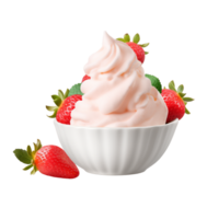 Erdbeere und Vanille Eis Sahne im ein Schüssel isoliert auf transparent Hintergrund, Weiß Etikette Schüssel zum Attrappe, Lehrmodell, Simulation ai generativ png
