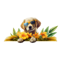 Happy dog with sunglasses sits in summer flower transparent background ai generative png