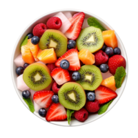 saudável fresco fruta salada dentro uma tigela isolado em transparente fundo, topo Visão ai generativo png