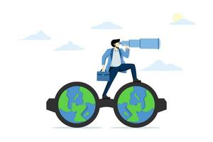 Concept of global or world business vision, international business opportunities, looking for a job, career or working abroad, businessman looking through a telescope with glasses with a world map. vector