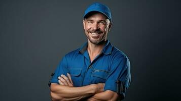 Smiling portrait of confident handsome male plumber, master in uniform photo