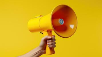 Hand holds a megaphone on a yellow background. Concept of hiring, advertising photo