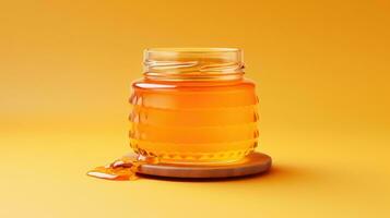 Glass jar full of sweet honey isolated on yellow background photo