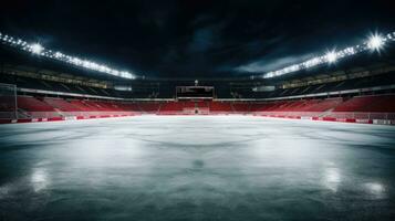 Hockey ice rink sport arena empty field. Empty hockey stadium in the spotlight photo