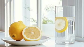 Glass of water with a slice of lemon. Healthy morning habit. White kitchen photo