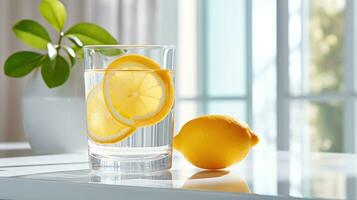 Glass of water with a slice of lemon. Healthy morning habit. White kitchen photo