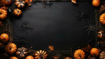 Happy halloween flat lay mockup with spiders, decoration and spider on black background. Autumn holiday concept composition. Top view with copy space. AI Generated photo