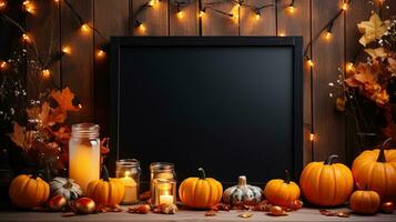 Halloween welcome signboard mockup with pumpkins, lantern and fallen leaves. Black board with autumn holiday decoration with copy space. AI Generated photo