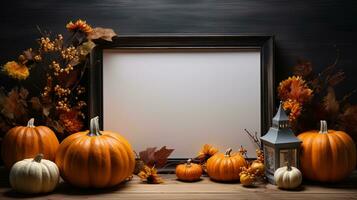 Halloween welcome signboard mockup with pumpkins, lantern and fallen leaves. Black board with autumn holiday decoration with copy space. AI Generated photo