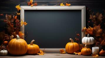 Halloween welcome signboard mockup with pumpkins, lantern and fallen leaves. Black board with autumn holiday decoration with copy space. AI Generated photo