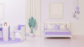 Interior design of purple bed room, interior concept of memphis design, Concept of minimalist design. Creative idea. Mock up. 3d rendering photo