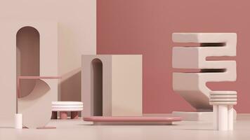 3D podium display, pastel pink background. Art deco steps and geometric shapes. sun shadow, minimal, beauty product presentation. White pedestal advertisement. Studio, abstract 3D render photo