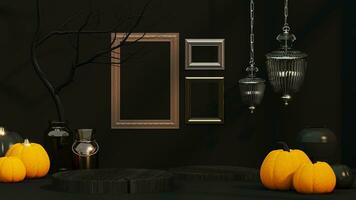 3D Halloween background podium display on black, wood and pumpkin. Abstract minimal studio 3D render photo